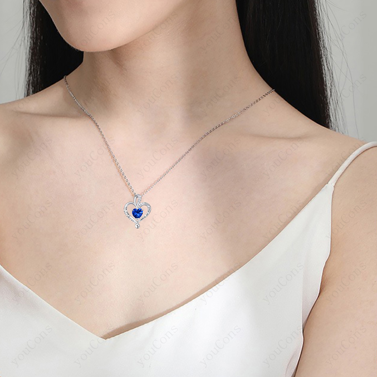 Women's Luxury Dark Blue Synthetic Zirconia Heart Pendant Necklace with Gift Box